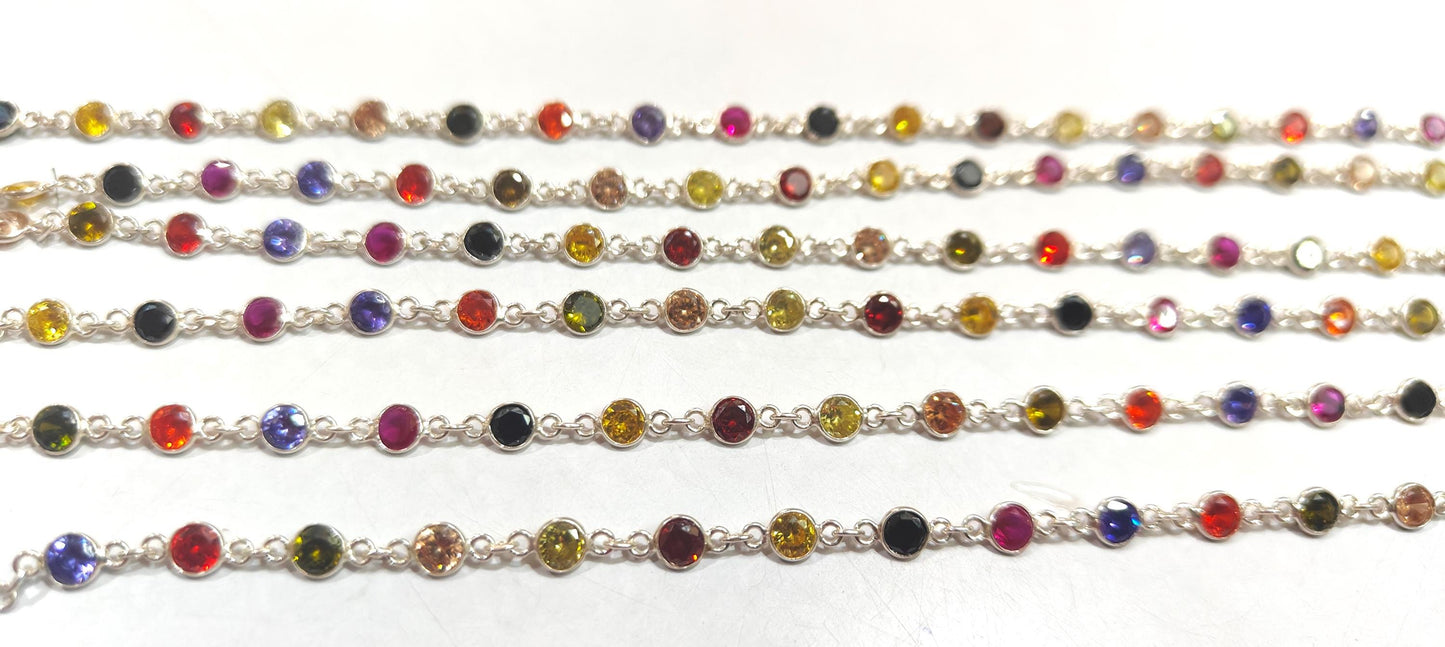 92.5% Sterling Silver Multi CZ Round Diamond Cut 4mm bezel Connector Chain Sold Per Foot Wholesale Price Jewelry making chain