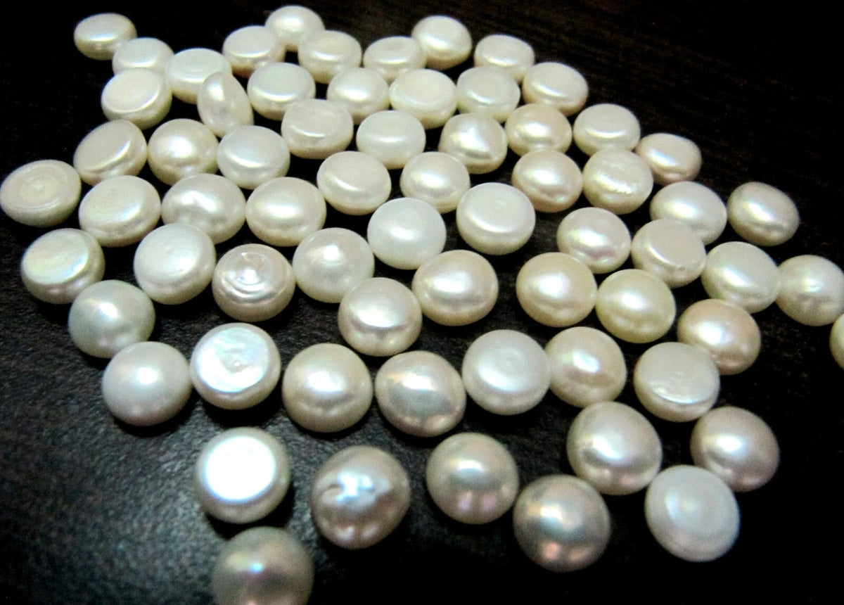 10 Pcs Set Natural White Pearls Coin button Shape Round Plain Smooth Size 7 To 10 mm Flat back Cabochon