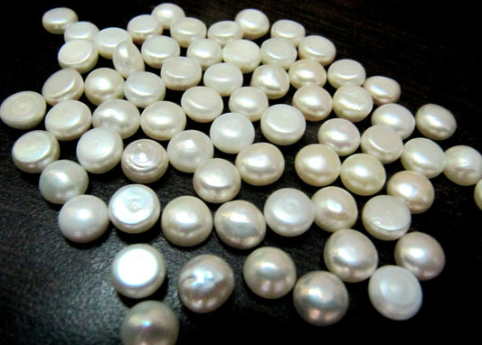 10 Pcs Set Natural White Pearls Coin button Shape Round Plain Smooth Size 7 To 10 mm Flat back Cabochon