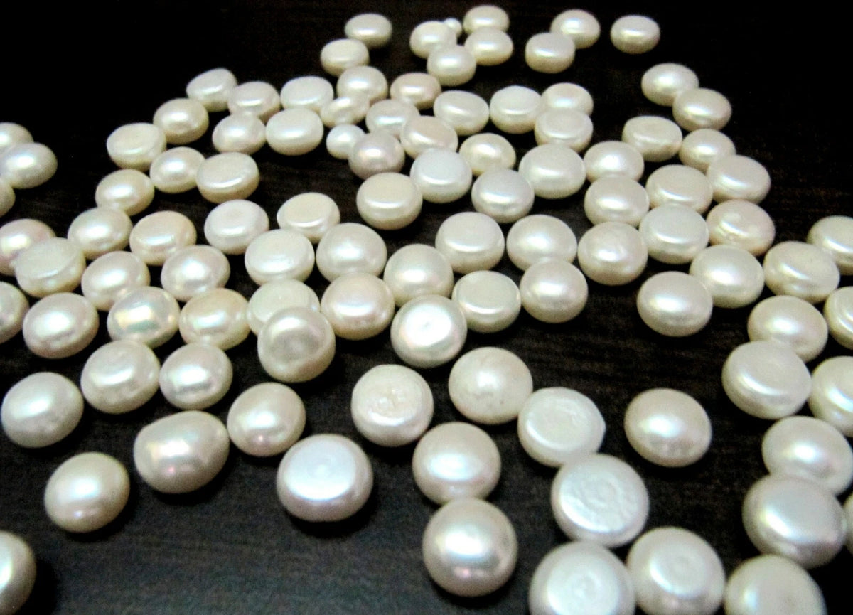 10 Pcs Set Natural White Pearls Coin button Shape Round Plain Smooth Size 7 To 10 mm Flat back Cabochon